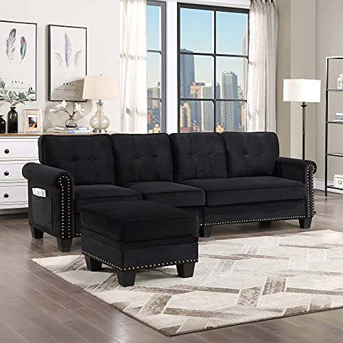 kupet Modern Upholstered Sectional Couches for Living Room with Movable Storage Ottoman and Side Pockets, Black L-Shaped Sofa Set with Scrolled Arm and Nailhead Trim, Velvet Fabric