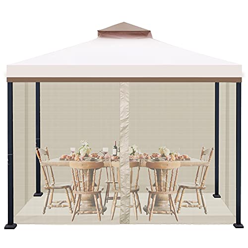 Hofzelt Ocala 10 x 10 Ft Gazebo Double Tier Patio Canopy Steel Frame with 4 Side Mosquito Netting and One Side Curtain (Beige)