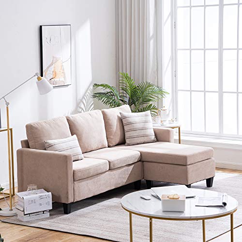 L Shape Modern Sectional Sofa Set, 3-Seat Reclining Couch, Microfiber with Reversible Chaise, for Small Apartment Living Room Furniture Corner Sofa, Beige