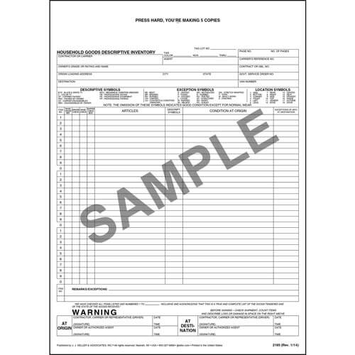 JJ Keller Household Goods Descriptive Inventory Form - Short Form (Pack of 250)