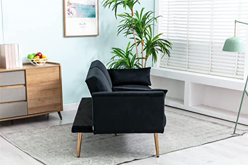 LoLado Velvet Futon Sofa Bed, Modern Tufted Convertible Sleeper Sofa with 2 Throw Pillow, Adjustable Loveseat, Accent Couch for Living Room, Bedroom, Bonus Room (Black)