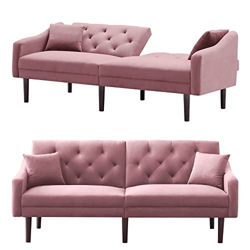 Olela Futon Sofa Bed Convertible Couch Bed with Armrests Modern Living Room Velvet Sofa Bed, Folding Recliner Futon Couch Sleeper Set with Wood Legs, Pink - Velvet