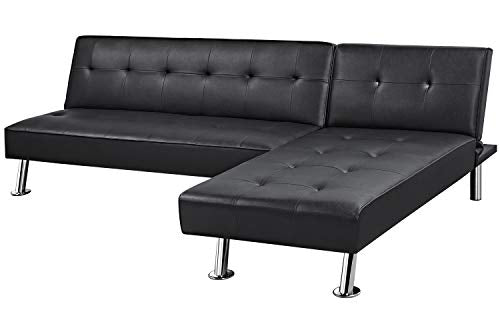 Topeakmart Sectional Sofa Couch Bed Convertible L-Shaped Faux Leather Couch Foldable Futon Sofa Sleeper with Reversible Chaise Lounge for Living Room Black