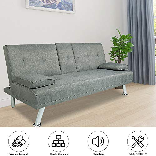 Hooseng Frabic Convertible Futon Sofa Bed 2 Cupholders with Armrest & Fold Up & Down Recliner Couch with Cup Holders, Gray