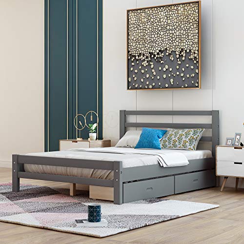 Harper & Bright Designs Full Size Bed Frame,Full Bed Frame with headboard and Storage Drawers, Wood Bed Frame Full for Toddlers, Kids, Guest Room,no Box Spring Needed (Gray with Drawers, Full)