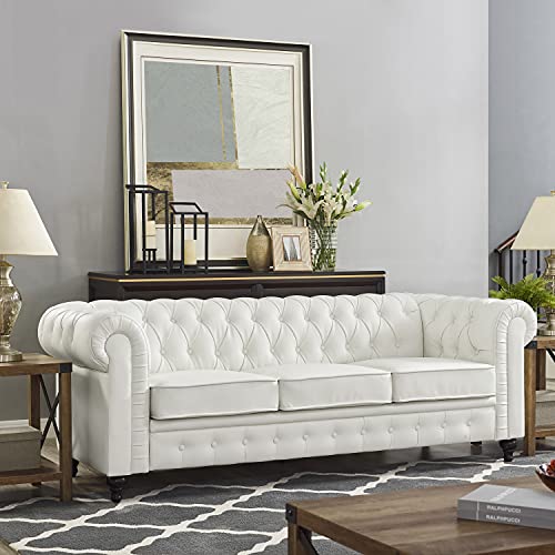Emery Chesterfield Sofa with Rolled Arms, Tufted Cushions / 3 Seater Sectional Sofa Couch for Small Spaces, Living Room, Bedroom, Apartment by Naomi Home/Easy Tool-Free Assembly – White