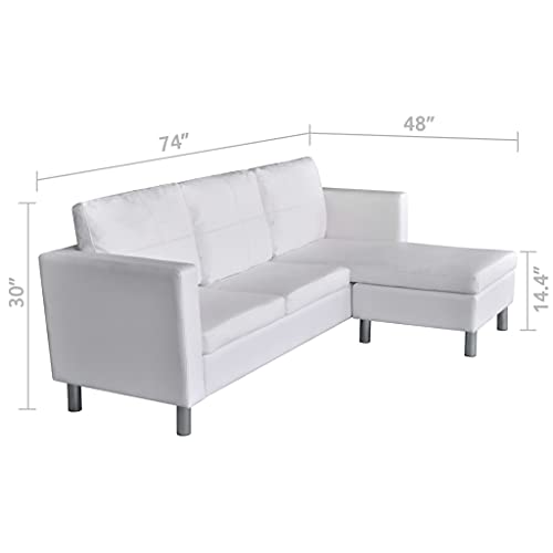 INLIFE Sectional Sofa 3-Seater Artificial Leather L-Shpe Sofa and Couch for Living Room Home Furniture Home Decor White 74