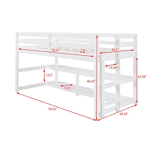 Twin Loft Bed for Kids and Toddlers Low Loft Bed Frame with Shelves Ladders and Guard Rails, No Box Spring Needed,Twin Size