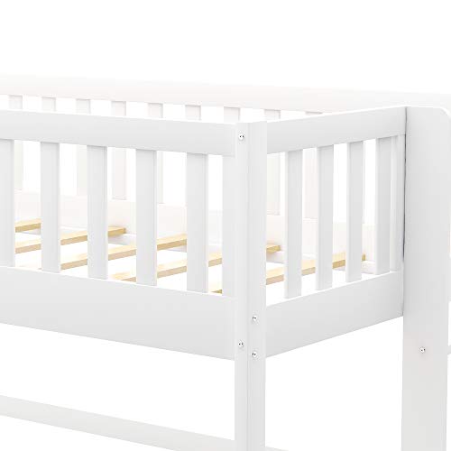Loft Bed Twin with Ladder , Twin loft Bed with Slide ,Wood Low Profile Kids loft Bed , No Box Spring Needed,White