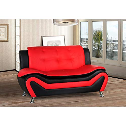 Home Square Living Room Furniture Set, 2 Piece Modern Faux Leather Couch Loveseat Arm Chairs Lounge Club Chair, Solid Wood Frame, Red Black