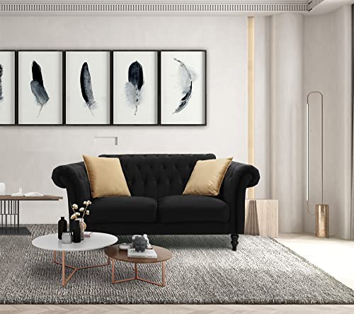 66'' Velvet Upholstered Living Room Tufted Loveseat/Couch with Roll Arms and 2 Toss Pillows, Black
