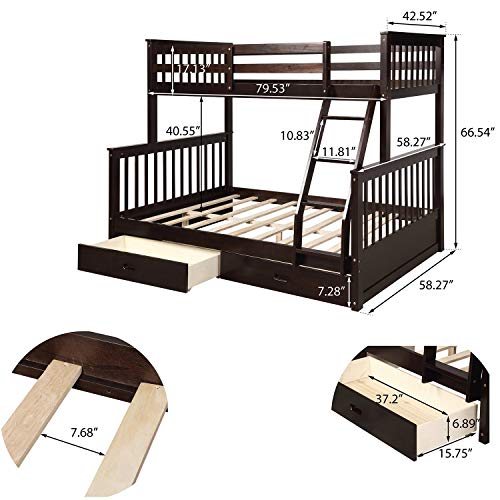 Harper & Bright Designs Twin-Over-Full Bunk Bed for Kids, Solid Wood bunks beds with Ladders and Two Storage Drawers (Espresso)