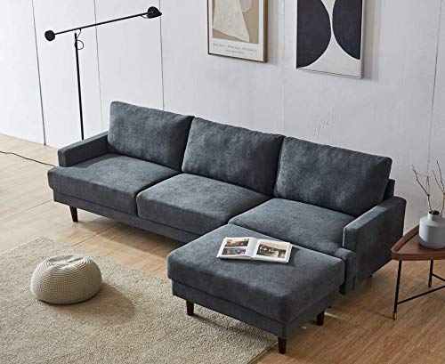 Dark Gray Fabric Sofa with Convertible Ottoman,JULYFOX L-Shaped 3-seat Corner Couch with Reversible Chaise Lounger Polyester Fabric for Living Room Office Club Small Spaces