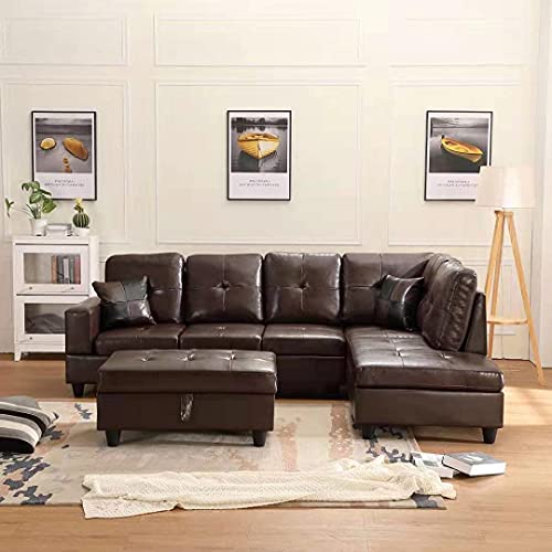 GAOPAN 2021 Faux Leather Sectional Sofa Easy to Assemble with Tufted Cushions for Home Living Room Furniture Set,L-Shape 5 Seater PU Couch W/Right Chaise Lounge and Storage Ottoman,Dark Brown