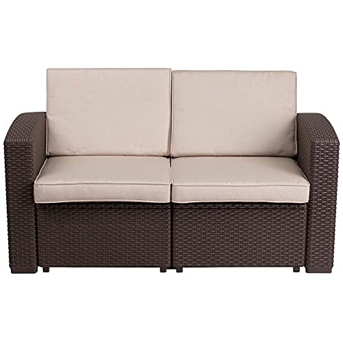 Flash Furniture Chocolate Brown Faux Rattan Loveseat with All-Weather Beige Cushions