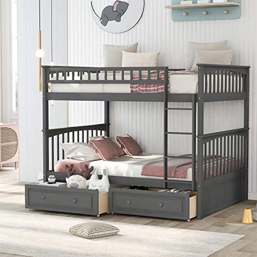Full Over Full Bunk Bed with Drawers, Wooden Bunk Bed Frame, Gray
