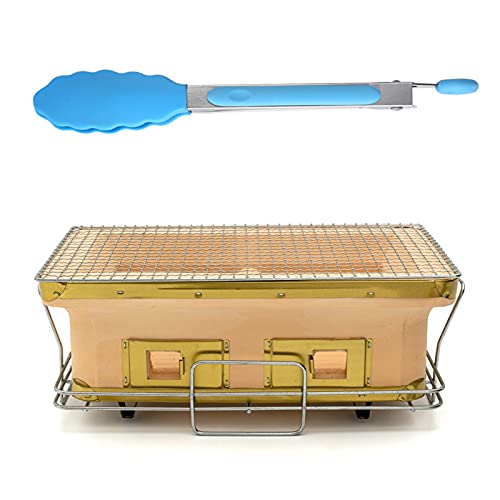 Portable Japanese Yakitori Barbecue Charcoal Grill with Dual Handle, Rectangular Ceramic Clay Charcoal Grill Stove Hibachi Cooker Tabletop Charcoal Grill(Yellow)