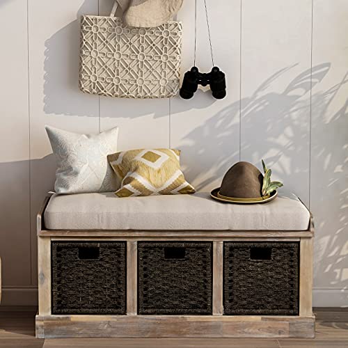 Harper & Bright Designs Rustic Storage Bench，Wicker Storage Bench with 3 Rattan Baskets and Removable Cushion, Wood Entryway Bench for Hallway, Entryway, Bedroom and Living Room,White Washed