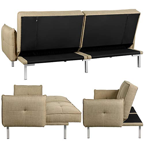 Topeakmart Sofa Couch Bed Daybed Foldable Futon Couch Sets Recliner Sofa Sleeper Living Room Home Office Furniture Linen Fabric Metal Legs 3 Angles Adjustable Khaki