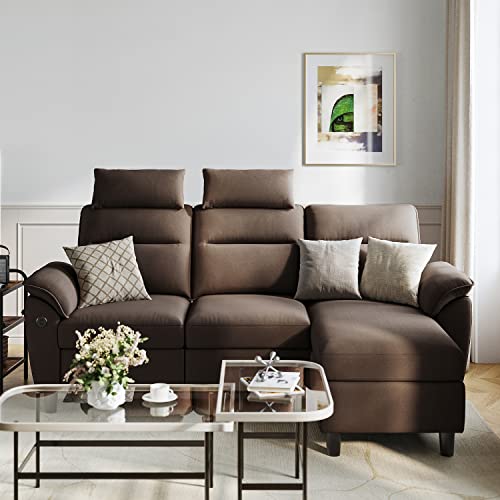 LINSY HOME Reversible Sectional Sofa Couch, L-Shaped 3-Seat Couch with USB Charging Station for Small Space, Brown