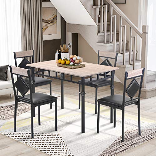 Harper & Bright Designs 5-Piece Modern Wood Dining Table Set, Wooden Kitchen Table with Metal Frame and 4 Leather Dining Chairs, Nature