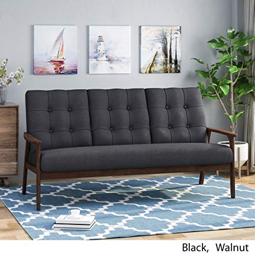 Christopher Knight Home Athena Mid Century Waffle Stitch Tufted Accent Sofa with Rubberwood Legs-Black and Walnut Finish