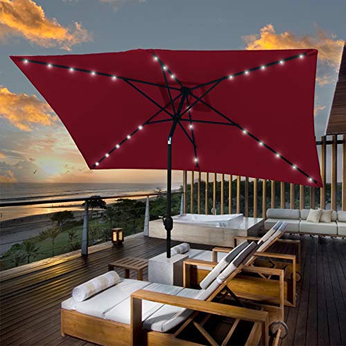 AXT SHADE Solar Powered LED Patio Umbrella 10 by 6.5 ft Rectangular Outdoor Table Market Umbrella with Push Button Tilt and Crank, Burgundy