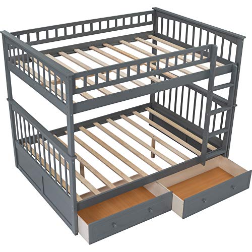 Full Over Full Bunk Bed with Drawers, Wooden Bunk Bed Frame, Gray