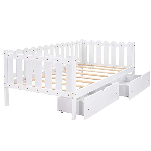 Twin Daybed with Drawers, Wood Storage Daybed with 2 Storage Drawers, Wooden Platform Bed Great for Kids Guests Sleepovers, White