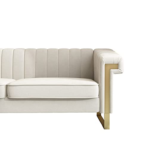 Chesterfield Sofa with Tufted Velvet Upholstered,Modern Velvet Couch with Flared Arms and Removable Cushions,83.85 Inch Width Living Room Furniture,Solid Wood Frame and Gold Legs,Beige