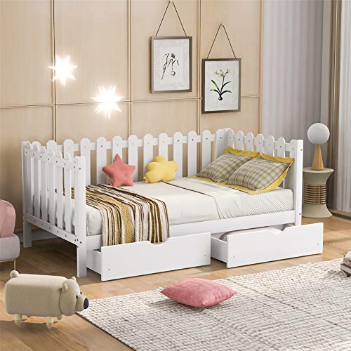 Twin Daybed with Drawers, Wood Storage Daybed with 2 Storage Drawers, Wooden Platform Bed Great for Kids Guests Sleepovers, White