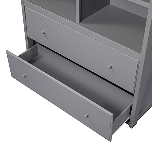 Twin Over Twin Bunk Bed with Bookcase, Wood Multi-Functional Bunk Bed Frame with Storage Cabinet, Shelves and Drawers (Gray)