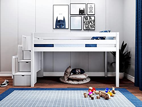 JACKPOT! JP-ST White Contemporary Low Twin Stairway, Loft Bed