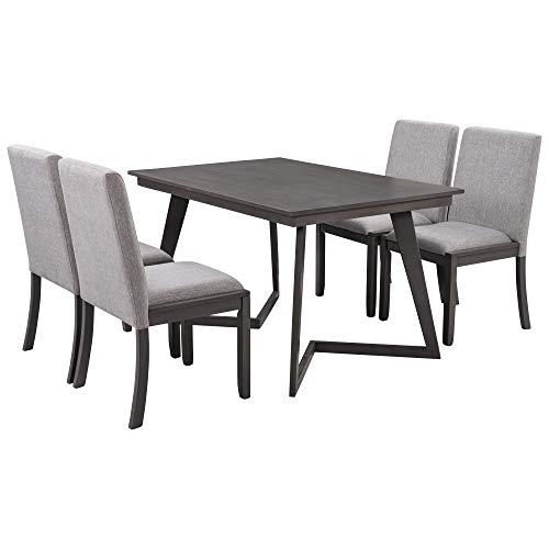 Harper & Bright Designs 5-Piece Kitchen Dining Table Set, Wood Rectangular Table with 4 Linen Fabric Chairs