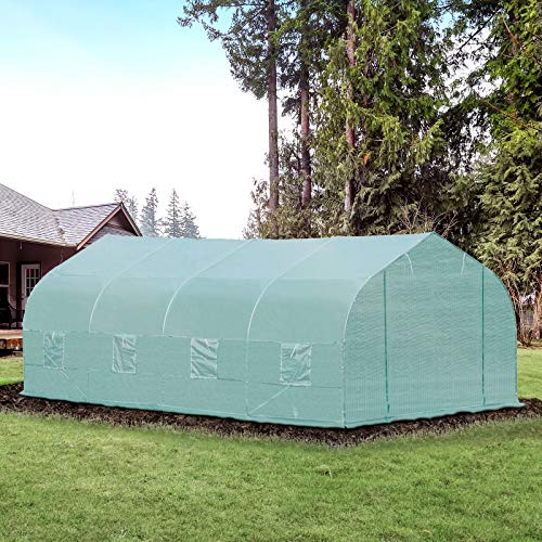 Outsunny 20' x 10' x 7' Deluxe High Tunnel Walk-in Garden Greenhouse Kit with 8 Roll Up Windows & Steel Frames, Green