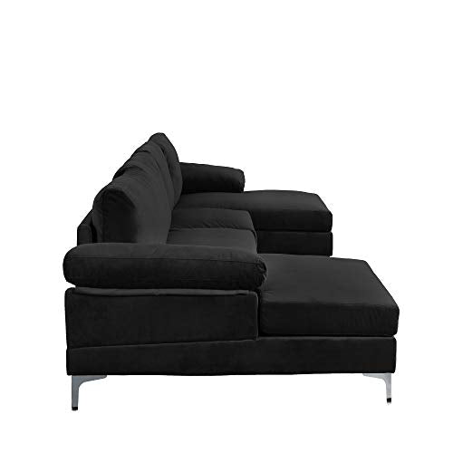 Casa AndreaMilano Modern Large Velvet Fabric U-Shape Sectional Sofa, Double Extra Wide Chaise Lounge Couch, Black