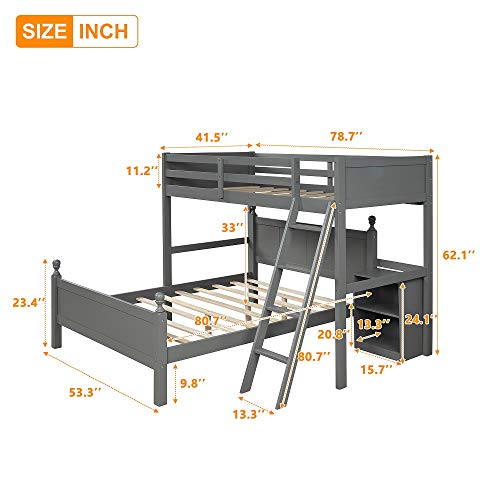 Twin Over Full Bunk Beds with Cabinet, Solid Wood Loft Bunk L-Shaped Bunk Beds Twin Over Full Size, No Box Spring Needed (Grey)