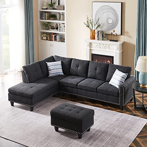 Sectional Sofa Couch Set, Modular L-Shaped Sectional Sofa with Chaise Lounge, Storage Ottoman, 2 Pillows and 2 Cup Holders, Sofa Couch Furniture Set for Living Room, 97.5