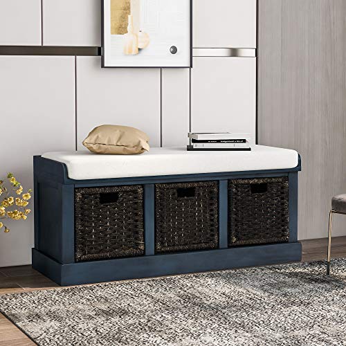 Storage Bench with 3 Removable Classic Basket, Entryway Bench Storage Ottoman Bench with Removable Cushion (Antique Navy)