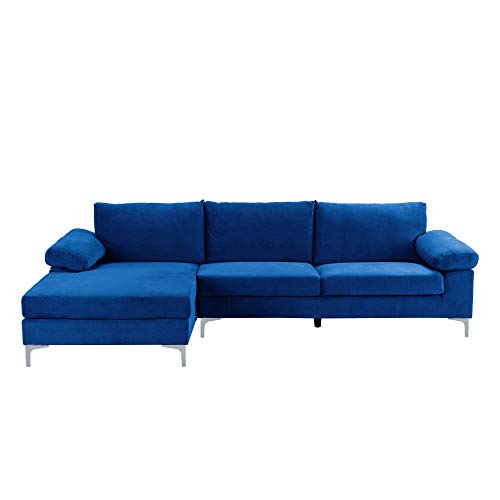 Casa Andrea Milano Modern Sectional Sofa L Shaped Velvet Couch, with Extra Wide Chaise Lounge, Large, Navy