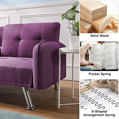 K.Nice 74' Polyester Fabric Sofa Bed Modern Couch with 2 Cup Holders Sleeper Reversible Loveseat 3 Adjustable Angles and Removable Armrests Convertible Daybed (Purple) (RE003)
