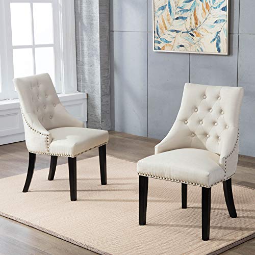 DAGONHIL Fabric Dining/Accent Chairs (Set of 2) with Black Solid Wooden Legs,Nailed Trim (Beige)