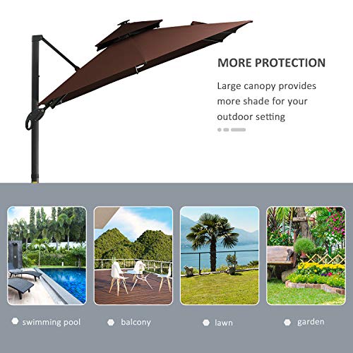 Outsunny 10' x 10' Patio Umbrella Outdoor Cantilever Offset Umbrella with Solar LED Lights, Power Bank, 360° Rotation, 4 Adjustable Tilt Angles, Brown