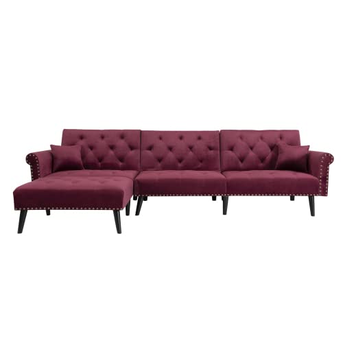 L-Shaped Velvet Sectional Sofa Bed, 4-Seating Living Room Convertible Sleeper Futon Couch Chaise with Solid Wood Legs (Red)