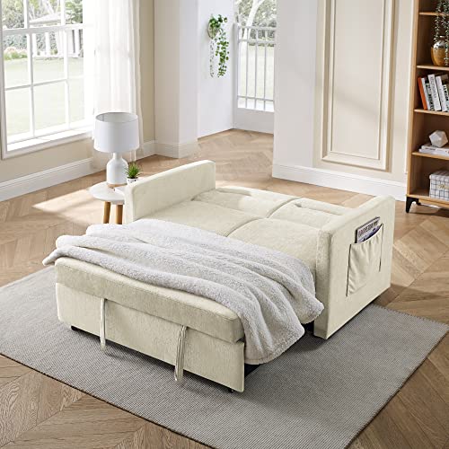 kupet Convertible Sleeper Sofa Loveseats Pull-Out Beds Adjustable Back and Two Arm Pocket, Beige
