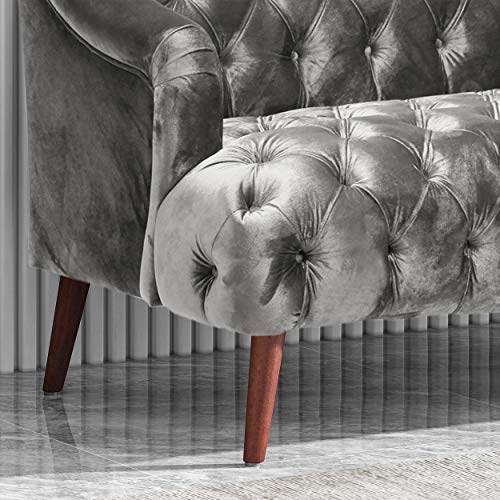 Esther Modern Glam Tufted Velvet 3 Seater Sofa, Smoke and Walnut