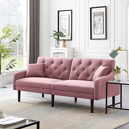 Olela Futon Sofa Bed Convertible Couch Bed with Armrests Modern Living Room Velvet Sofa Bed, Folding Recliner Futon Couch Sleeper Set with Wood Legs, Pink - Velvet