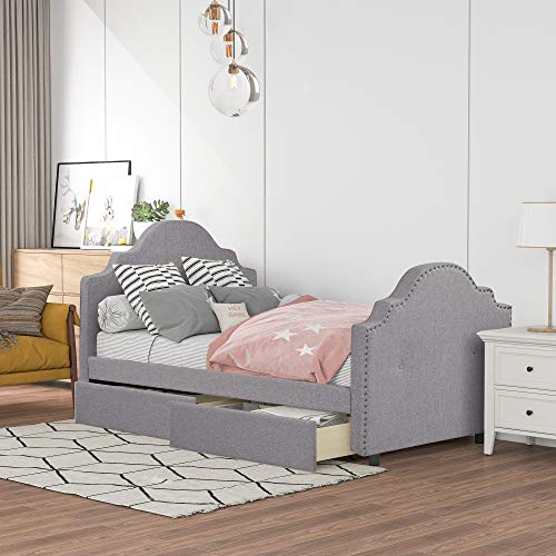Twin Size Daybed, Upholstered Daybed with Two Storage Drawers, Twin Size Wood Slat Support Day Bed Frame for Family Kids Boys Girls Teens, No Box Spring Needed, Easy Assembly, Gray