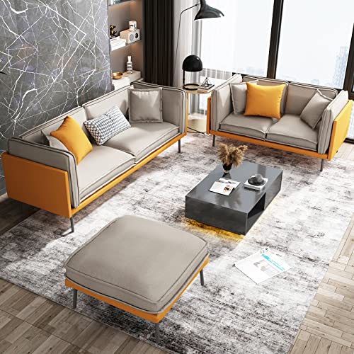 Mjkone 3 Pieces Secional Sofa Set, Modern Faux Leather and Linen Fabric Uphostered Combined Design, Living Room Furnitue (Loveseat + 3 Seater + Ottoman Orange)