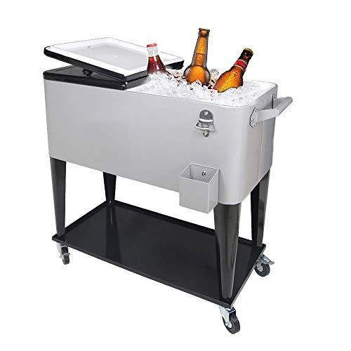 Nattork 80 Quart Rolling Cooler Cartfor Outdoor Patio Deck Party, Portable Party Bar Cold Drink Beverage Cart,Ice Chest with Shelf, Water Pipe and Bottle Opener (Silver)